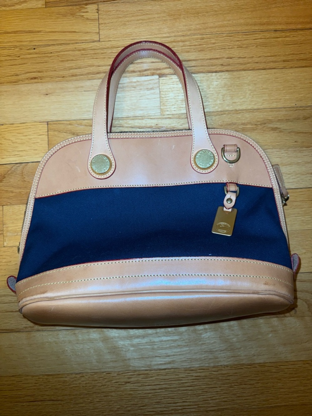 Dooney & Bourke Navy Canvas Satchel with Light Tan Leather Trim